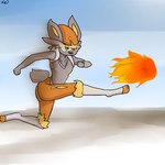 anthro brown_body brown_fur buckteeth butt female fire flat_chested fur kicking_ball scut_tail short_tail simple_background slim solo tail teeth renv nintendo pokemon cinderace generation_8_pokemon pokemon_(species) shiny_pokemon 1:1 2023 hi_res signature