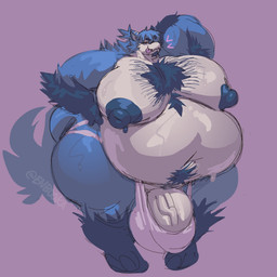 anthro balls_outline barely_contained barely_contained_penis belly big_belly big_butt big_moobs big_nipples bodily_fluids body_hair bulge butt chest_hair chest_tuft clothing detailed_bulge facial_hair genital_outline genitals goatee hand_behind_head hand_on_hip heart_symbol hyper jockstrap looking_at_viewer male moobs navel nipples overweight overweight_male penis pubes smile solo sweat tail thick_thighs tongue tongue_out tuft underwear vein veiny_penis enbooka unknown_species 1:1 hi_res
