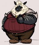 anthro belly big_belly clothed clothing double_chin fingers fur gesture grey_background hand_gesture hooved_fingers hooves male moobs necktie obese obese_anthro obese_male overweight overweight_anthro overweight_male simple_background smile solo standing sweater sweater_vest thick_thighs thumbs_up topwear vest wide_hips wool_(fur) kikatsu bovid caprine domestic_sheep mammal sheep