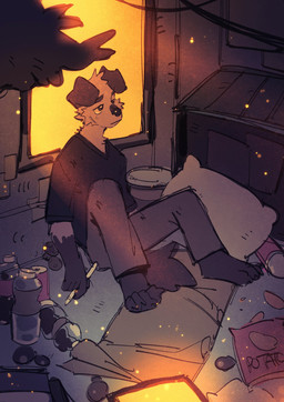 anthro black_body black_eyes black_fur floppy_ears fur male messy_room sad sitting sitting_on_ground slim_anthro slim_male solo white_body white_fur hemuchang shin_(hemuchang) canid canine canis domestic_dog mammal 2022 hi_res