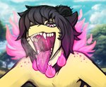 anthro black_hair blurred_background bodily_fluids detailed_mouth fangs front_view gaping_mouth glistening glistening_eyes hair looking_at_viewer mouth_shot narrowed_eyes open_mouth outside pink_eyes pink_tongue saliva saliva_string solo spotted_shoulders teeth tongue tongue_out yellow_body acidic nintendo pokemon generation_8_pokemon hisuian_form hisuian_typhlosion pokemon_(species) regional_form_(pokemon) bust_portrait portrait