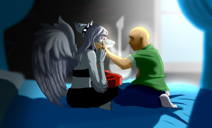 acoustic_guitar amber_eyes anthro bald barefoot bed bedroom bodily_fluids bottomwear caressing caressing_face claws clothing crop_top crying denim denim_bottomwear denim_clothing detailed_background duo elbow_feathers electric_guitar eyelashes eyeliner feathered_wings feathers feet female fingers furniture grey_body grey_hair grey_scales guitar hair halter_top inside jacket jeans kneeling light-skinned_male light_body light_skin makeup male male/female midriff musical_instrument on_bed pants plucked_string_instrument scales sharp_teeth shirt sitting smile snout string_instrument tears teeth toe_claws toes topwear wings fuegosonic93 cavemanon_studios goodbye_volcano_high ko_op_(game_developer) snoot_game anon_(snoot_game) fang_(gvh) human mammal prehistoric_species pterosaur reptile scalie 2023 digital_drawing_(artwork) digital_media_(artwork) hi_res