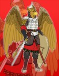 abs anthro armed armor armwear asian_clothing beak claws clothed clothing east_asian_clothing feathered_wings feathers fur gloves handwear headgear helmet holding_object legwear male melee_weapon military_clothing military_uniform muscular muscular_anthro muscular_male solo sword tail topwear uniform weapon wings draco-rex_(artist) mythology carpo avian gryphon mythological_avian mythological_creature