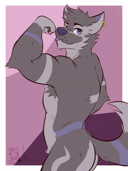 anthro armbands_(marking) armpit_hair back_muscles biceps body_hair border butt claws curled_tail deltoids ear_piercing ear_ring flexing flexing_bicep forearm_muscles fur grey_body grey_fur hair inner_ear_fluff looking_at_viewer male muscular muscular_male neck_tuft nude_anthro nude_male pawpads piercing pose pubes purple_background purple_body purple_eyes purple_fur purple_nose purple_tongue ring_piercing short_hair simple_background solo standing tail text tongue tongue_out triceps tuft whisker_spots white_border ventkazemaru dl_wolf_(dl2288) canid canine canis mammal wolf 2025 artist_name colored dated hi_res pinup portrait signature three-quarter_portrait