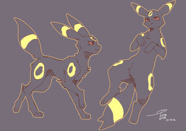 ambiguous_gender arms_bent black_body black_fur chest_tuft duo feral fur grey_background lying markings on_back open_mouth quadruped raised_tail red_sclera ring_(marking) simple_background standing tail tuft walking yellow_markings pom_pom(artist) nintendo pokemon eeveelution generation_2_pokemon pokemon_(species) umbreon 2026 absurd_res dated hi_res signature