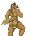 anthro back_muscles backsack ball_tuft balls biceps black_nose brown_body brown_fur brown_hair brown_spots brown_tail bubble_butt butt candy countershade_torso countershading dessert ear_piercing eye_scar eyebrows facial_scar food fur genitals gloves_(marking) hair licking lollipop looking_back male markings muscular muscular_anthro muscular_male nude piercing pink_tongue scar simple_background solo spots standing tail tongue tongue_out tuft white_background yellow_eyes vexedlupine trystan_(dissimulated) hyena mammal spotted_hyena digital_media_(artwork) hi_res