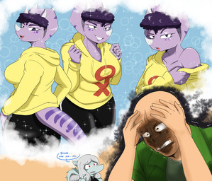 annoyed anthro bald big_breasts black_bottomwear black_clothing black_pants blue_body bottomwear breasts clenched_teeth clothed clothed_anthro clothed_female clothed_human clothed_male clothing dialogue distressed eyebrow_through_hair eyebrows facial_horn feathered_wings feathers female fingers frill_(anatomy) grey_body grey_feathers grey_hair group hair half-closed_eyes hand_on_head hoodie horn human_on_anthro humanoid_hands interspecies intrusive_thoughts long_hair looking_at_another male male/female markings narrowed_eyes non-mammal_breasts pants purple_body purple_eyes purple_hair red_eyes short_hair smile smirk speech_bubble spots spotted_markings striped_markings stripes talking_to_another teeth text thought_bubble topwear translucent translucent_hair trio wings worried yellow_clothing yellow_hoodie yellow_topwear nasu_no_itame98 cavemanon_studios goodbye_volcano_high ko_op_(game_developer) snoot_game anon_(snoot_game) fang_(gvh) trish_(gvh) ceratopsian ceratopsid chasmosaurine dinosaur human mammal marginocephalian ornithischian prehistoric_species pterosaur reptile scalie triceratops absurd_res colored english_text hi_res multiple_images shaded