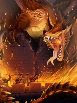 ambiguous_feral ambiguous_gender ambiguous_human armor bodily_fluids bow_(weapon) brown_body brown_horn brown_wings clothed clothing destruction fangs feral fire forked_tongue glistening glistening_eyes group holding_arrow holding_bow_(weapon) holding_object holding_ranged_weapon holding_weapon horn membrane_(anatomy) membranous_wings open_mouth orange_body orange_eyes pink_tongue pupils ranged_weapon saliva saliva_string size_difference slit_pupils teeth tongue tongue_out weapon wings yellow_body swampjaws mythology dragon human mammal mythological_creature mythological_scalie scalie alternate_version_at_source hi_res
