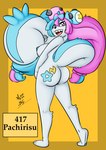 alternate_species anthro areola bernardol22 big_breasts big_butt big_tail blue_areola blue_body blue_fur blue_hair blue_nipples breasts butt butt_markings cheek_tuft eyelashes facial_tuft female fur generation_4_pokemon genitals hair hi_res hitori09 iono_(pokemon) looking_at_viewer looking_back looking_back_at_viewer markings nintendo nipples nude open_mouth pachirisu pink_body pink_eyes pink_fur pink_hair pokemon pokemon_(species) pussy rear_view rosy_cheeks simple_background solo tail text thick_thighs tuft white_body white_fur wide_hips yellow_background