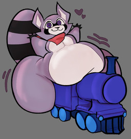 anthro belly big_belly big_butt black_body black_fur black_nose black_tail butt fur grey_background hands_up happy heart_symbol huge_butt kerchief looking_at_viewer male multicolored_body multicolored_fur neckerchief neckwear obese obese_anthro obese_male on_object on_train overweight overweight_anthro overweight_male purple_body purple_ears purple_eyes purple_fur purple_tail raccoon_tail raised_arm red_kerchief red_neckerchief simple_background smile solo stripes tail thick_thighs three-quarter_view train two_tone_tail vehicle wide_hips awakecore indigo_park rambley_raccoon mammal procyonid raccoon 2026 digital_media_(artwork)