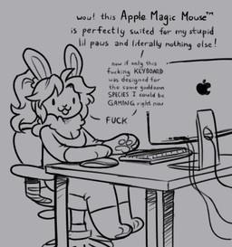anthro barefoot bottomwear breasts chair clothing computer_keyboard computer_monitor computer_mouse dialogue feet female fingerpads furniture grey_background hair office_chair open_mouth pants pawpads paws profanity simple_background smile solo table text taffywabbit apple_(copyright) soleil_(keffotin) lagomorph leporid mammal rabbit 2025 english_text trans_(lore) trans_woman_(lore)