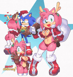 accessory big_breasts bikini bodily_fluids boots breasts brown_clothing brown_gloves brown_handwear butt christmas_clothing christmas_headwear clothing female footwear fur fur_trim_(clothing) glistening glistening_breasts glistening_butt gloves green_eyes handwear hat headband headgear headwear heart_symbol holding_sack holidays hooded_cloak legwear male multiple_angles one_eye_closed one_fang open_mouth pink_body pink_fur red_bikini red_clothing red_headband red_swimwear reindeer_antlers sack santa_hat shoes sweat sweatdrop swimwear thigh_highs two-piece_swimsuit wink inkerton-kun christmas sega sonic_the_hedgehog_(series) amy_rose sonic_the_hedgehog eulipotyphlan hedgehog mammal hi_res