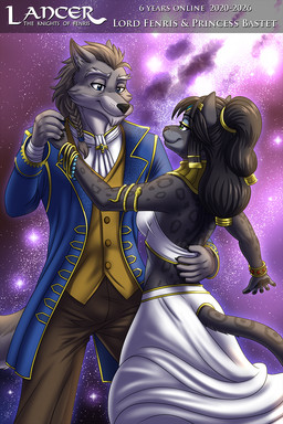 accessory age_difference anniversary anthro black_body black_fur black_hair black_nose clothed clothed_anthro clothed_female clothed_male clothing dancing dress duo egyptian female fur grey_body grey_fur grey_hair hair interspecies interspecies_romance love male male/female melanistic older_male romantic romantic_ambiance romantic_couple smile space suit usekh heresy_(artist) lancer:_the_knights_of_fenris lord_fenris princess_bastet canid canine canis felid feline leopard mammal pantherine wolf 2:3 hi_res