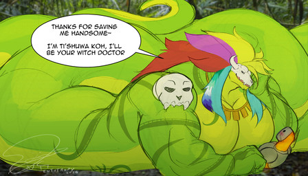 accessory apode big_muscles big_pecs bone bone_mask dialogue forest hair huge_muscles huge_pecs legless lgbt_pride male male/male mask muscular on_top_of pecs plant pride_colors rainbow_flag rainbow_pride_flag rainbow_symbol serpentine size_difference skull skull_mask speech_bubble text tree vincian_pride_colors entitropy terraria ti'shuwa_koh_(entitropy) witch_doctor_(terraria) draconcopode lihzahrd naga scalie absurd_res english_text hi_res