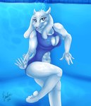 anthro belly_cutout breasts cleavage_cutout clothing cutout female fur nipple_outline one-piece_swimsuit purple_clothing solo swimming_pool swimwear underwater water white_body white_fur thebmeister toby_fox_(copyright) undertale undertale_(series) toriel bovid caprine goat mammal hi_res