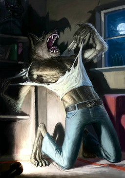 anthro book bookshelf brown_body brown_fur chair claws clothed clothing eyes_closed flashlight full_moon fur furniture kneeling male mid_transformation moon night nipples open_mouth partially_clothed plant sharp_teeth solo teeth tongue tongue_out torn_clothing tree window stonejackit mythology canid canine mammal mythological_canine mythological_creature werecanid werecanine werecreature werewolf