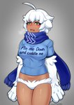 ahoge animal_arms arm_tuft athletic athletic_female athletic_humanoid big_breasts big_hands biped blue_clothing blue_scarf blue_shirt blue_topwear blush bottomless breasts breath brown_body brown_skin clothed clothing dark_body dark_skin eyelashes featureless_crotch female fluffy front_view fur glistening glistening_body glistening_skin green_eyes grey_background hair monotone_hair monster_girl_(genre) open_mouth scarf shirt short_hair simple_background solo standing text topwear tuft white_body white_fur white_hair frenchthenhen monster_girl_encyclopedia yeti_(mge) animal_humanoid humanoid mammal mammal_humanoid yeti digital_media_(artwork) english_text hi_res portrait three-quarter_portrait