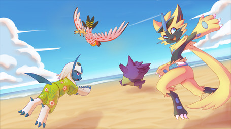 ambiguous_gender anthro avian_feet beach biped black_body black_feathers blue_eyes butt claws clothing cloud day digitigrade excited feathers feet feral finger_claws fingers flying fur group happy head_turned holowear_(pokemon) looking_at_viewer looking_back markings open_mouth open_smile outside paws purple_body quadruped raised_arms rear_view red_eyes running sand sea sky smile spots spotted_markings striped_markings stripes swimwear tail talons toe_claws toes water white_body white_feathers white_fur yellow_body yellow_fur vinael nintendo pokemon pokemon_unite beach_style_absol beach_style_gengar orange_unite_style_talonflame training_style_zeraora absol generation_1_pokemon generation_3_pokemon generation_6_pokemon generation_7_pokemon gengar legendary_pokemon pokemon_(species) talonflame zeraora colored hi_res shaded
