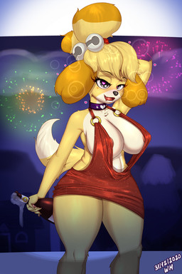 5_fingers anthro areola areola_slip bare_back blush bottle breasts clothed clothing collar container dress drunk eyebrows eyelashes female fingers fireworks hand_behind_head heart_eyes heart_symbol holding_bottle holding_container holding_object o-ring_dress open_mouth plunging_neckline side_boob sideless_clothing sideless_dress skimpy solo substance_intoxication wolfmask animal_crossing nintendo isabelle_(animal_crossing) canid canine canis domestic_dog mammal shih_tzu toy_dog 2:3 absurd_res digital_media_(artwork) hi_res