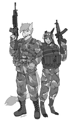 alice_kit anthro assault_rifle boots clothing duo footwear fur gun hat headgear headwear hooves m16 m16a2 m203 male male/male military military_cap military_uniform mp5 ranged_weapon rifle shoes submachine_gun topwear uniform vest weapon woodland endjfcar mythology nator sklifos bovid caprine dragon furred_dragon furred_scalie goat mammal mythological_creature mythological_scalie scalie absurd_res greyscale hi_res monochrome