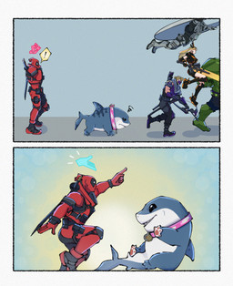 anthro archer blonde_hair collar female greatsword group hair male melee_weapon pawpads smile sword tail weapon yamuoez marvel marvel_rivals moon_knight_(series) deadpool hawkeye_(marvel) hulk jeff_the_land_shark magik moon_knight aquatic fish human humanoid mammal shark absurd_res comic hi_res
