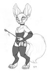 2020 4_fingers 4_toes anthro canid canine claws clothed clothing collar ecmajor feet fennec_fox fingers fox greyscale head_tuft hi_res holding_object inner_ear_fluff lingerie male mammal monochrome nonbinary_(lore) one_arm riding_crop river_(ecmajor) simple_background sketch skimpy solo standing tail toes traditional_media_(artwork) true_fox tuft whip whiskers white_background