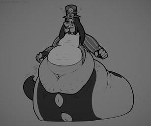 anthro apode belly big_belly blush blush_lines bodily_fluids bottomless bow_tie cellulite clothed clothing eyewear fangs goggles goggles_on_headwear hair hat headgear headwear huge_belly jacket legless long_hair male moobs morbidly_obese navel nervous nervous_sweat obese overweight serpentine sharp_teeth shirt solo sweat tail teeth thick_tail topwear topwear_only torn_clothing torn_shirt torn_topwear wardrobe_malfunction conditional_dnp electricpants138456 hazbin_hotel hellaverse sir_pentious_(hazbin_hotel) demon draconcopode naga reptile scalie snake 2026 dated greyscale monochrome