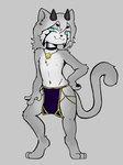 anthro bottomwear choker clothing female flat_chested fur grey_body grey_fur grey_nipples horn jewelry loincloth navel necklace nipples pendant slim_female smug_face solo forrest18 t0ast_drunk toshi_(forrest18) felid mammal 3:4 hi_res