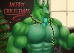 blue_tongue christmas_decorations christmas_lights christmas_tree green_body holidays horn looking_at_viewer male muscular muscular_male nipples open_mouth pecs plant solo teeth text tongue tree window tiotiored christmas mythology dragon mythological_creature mythological_scalie scalie absurd_res hi_res signature