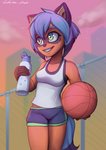 anthro ball basketball_(ball) bodily_fluids bottomwear canister clothing female front_view looking_away metal_fence shirt shorts smile solo sport sweat tank_top teeth topwear water gabbslines brand_new_animal netflix studio_trigger michiru_kagemori canid canine mammal raccoon_dog tanuki 2021 absurd_res hi_res portrait three-quarter_portrait