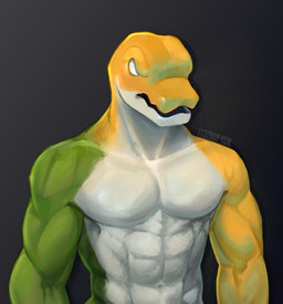 anthro candy dessert food male muscular pecs solo tt3trop4ck glitch_productions the_amazing_digital_circus gummigoo_(tadc) alligator alligatorid crocodile crocodilian food_creature living_candy reptile scalie hi_res