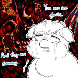 ambiguous/ambiguous ambiguous_feral ambiguous_gender blood bodily_fluids creepy_face crying duo empty_eyes feral gore grotesque horror_(theme) nightmare_fuel open_mouth pink_sclera pupils red_pupils red_text scared shaking tears teeth text trembling young young_ambiguous young_feral yellowcottoncandy030 fluffy_pony fluffy_pony_(species) ghost mammal spirit 1:1 2025 chinese_text digital_media_(artwork) english_text hi_res