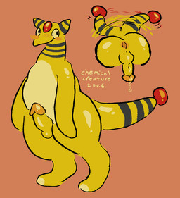 anthro anus black_stripes blush bodily_fluids butt countershading dripping forehead_gem gem genital_fluids genitals glistening glistening_butt glistening_genitalia glistening_penis glistening_tail humanoid_genitalia humanoid_penis leaking_precum male nude penis pokemorph precum precum_drip presenting presenting_anus presenting_hindquarters red_gem slightly_chubby solo stripes tail tail_gem tail_motion tailwag text yellow_body chemicalcreature nintendo pokemon ampharos generation_2_pokemon pokemon_(species) 2026 artist_name colored digital_media_(artwork) hi_res signature watermark