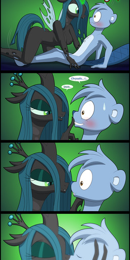 anthro blush bodily_fluids breasts duo eyewear female female_on_top from_front_position glasses interspecies kissing male male_on_bottom mastery_position nipples nude on_bottom on_top sex straddling sweat text culu-bluebeaver friendship_is_magic hasbro my_little_pony culu_bluebeaver queen_chrysalis_(mlp) arthropod beaver changeling_(mlp) mammal rodent 2016 absurd_res english_text hi_res smaller_version_at_source