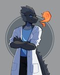 anthro black_bottomwear black_clothing black_pants blue_clothing blue_eyes blue_shirt blue_topwear bottomwear breath_powers clothing coat crossed_arms elemental_manipulation fin fire fire_breathing fire_manipulation grey_body grey_scales lab_coat male pants pockets scales shirt simple_background smug solo tail tail_ridge topwear pomfishee space_station_13 dravak_sathune lizardman reptile scalie unathi 4:5 hi_res