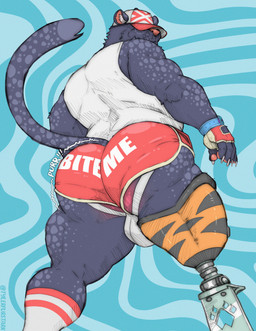 anthro bottomwear bulge butt clothing footwear hat hat_over_eyes headgear headwear hotpants jockstrap male markings muscular muscular_anthro muscular_male prosthetic prosthetic_leg prosthetic_limb shirt shorts socks solo spots spotted_body tank_top text text_on_clothing topwear underwear white_clothing white_shirt white_tank_top white_topwear tylerstark felid mammal pantherine 2024 hi_res