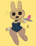 anthro breasts bunny_costume cleavage clothed clothing collar costume featureless_feet feet female fishnet_clothing simple_background solo tray cottontail animal_crossing nintendo coco_(animal_crossing) gyroid lagomorph leporid mammal rabbit hi_res