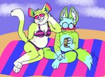 8_nipples anthro athletic athletic_male beach beach_towel beverage_can bikini blue_body blue_bottomwear blue_clothing blue_fur blue_hair blue_shorts blushing_profusely bottomwear breasts brush_tail clothed clothing duo ears_up eyewear female fur glasses green_body green_fur hair hand_on_cheek male male/female multi_nipple nipples pattern_bikini pattern_clothing pattern_swimwear rainbow_inner_ear scar seductive self-harm_scars shorts skull_symbol sky slightly_chubby slightly_chubby_female small_breasts smile smirk striped_bikini striped_clothing striped_swimwear stripes swimwear tail tail_motion tailwag topless topless_male towel two-piece_swimsuit whiskers wide_eyed chimeracocks sparklecare evelyn_ill slite_li_ill anthry_(sparklecare) canid canine domestic_cat felid feline felis fennec_fox fox hybrid mammal murid murine rat rodent true_fox absurd_res hi_res incest_(lore) sibling_(lore) sister_(lore) sisters_(lore) trans_(lore) trans_woman_(lore)