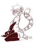 anthro armwear barefoot blush breasts butt clothing eyewear feet female fur glasses hair kneeling legwear looking_at_viewer nipples short_hair simple_background solo white_background whitephox arknights hypergryph studio_montagne waaifu_(arknights) felid mammal pantherine tiger 2020 hi_res sketch