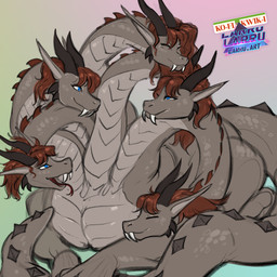 5_heads big_tail cuddling fangs female feral hair horn loaf loafing long_neck mane multi_head multicolored_body non-mammal_hair red_hair solo tail tan_body teeth two_tone_body larru-larru european_mythology greek_mythology mythology nielo_(gamal) dragon hydra mythological_creature mythological_scalie scalie 1:1