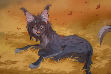 ambiguous_gender bangs black_hair black_nose chest_tuft dipstick_tail ear_piercing fallen_leaves feral fur grass grey_body grey_fur grey_markings hair inner_ear_fluff leaf long_tail lying markings medium_hair on_front on_grass on_ground orange_eyes outside piercing plant solo spots spotted_body spotted_fur spotted_markings tail tail_markings tuft azzai felid feline mammal serval 2024 3:2 colored colored_sketch digital_drawing_(artwork) digital_media_(artwork) shaded sketch