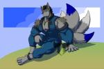 anthro biped clothed clothing fur hair jewelry male muscular muscular_anthro muscular_male necklace sitting smile solo neosavias canid canine mammal