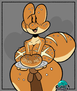 anthro big_breasts bottomwear bread breasts clothed clothing eyelashes female food grey_background heart_symbol huge_thighs inviting loincloth loincloth_only open_mouth pie_cut_eyes plate question salt short_stack simple_background solo tail text thick_thighs topless srgreja fare_breadbold_(srgreja) bread_creature food_creature hybrid kobold scalie english_text hi_res