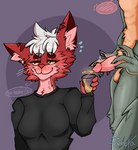 anthro aroused aroused_smile black_clothing blush blush_lines blushing_penis bodily_fluids clothing duo female freckles fur genital_fluids green_body green_fur hair imminent_drinking inner_ear_fluff looking_away male male/female multicolored_body multicolored_fur neck_tuft peeing pink_body pink_fur purple_background red_body red_fur simple_background striped_body striped_fur stripes thought_bubble tuft urine urine_in_cup urine_stream watersports whiskers white_hair yellow_eyes conditional_dnp taoreta hammer_(taoreta) rennok_(taoreta) canid canine canis domestic_cat felid feline felis humanoid hybrid mammal wolf