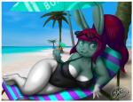 4_fingers anthro beach beach_umbrella beverage big_breasts border breasts chair cleavage clothed clothing detailed_background eyewear female fingers furniture green_eyes hair holding_beverage holding_object long_hair looking_at_viewer lying one-piece_swimsuit outside palm_tree parasol plant sea seaside sky smile solo sunglasses swimwear thick_thighs tree water white_border fernando_faria lagomorph leporid mammal rabbit 2018