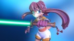 16:9 3d_(artwork) anthro bottomwear clothing digital_media_(artwork) disney duo energy_sword energy_weapon female gloves green_lightsaber handwear hi_res holding_object holding_weapon lagomorph left-handed lemurfeature lepi leporid lightsaber long_ears lop_(star_wars_visions) mammal melee_weapon rabbit scut_tail serious_face short_tail shorts star_wars star_wars_visions sword tail weapon widescreen