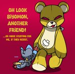 avian bandai_namco bear biyomon digimon digimon_(species) duo feral forced forced_transformation inanimate_transformation looking_at_viewer male mammal monzaemon plushie plushification simple_background transformation wax_feather