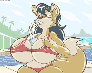 anthro beach between_breasts beverage big_breasts bikini bikini_bottom bikini_top black_hair breasts brown_eyes clothing cloud container cup drinking_straw female fur hair huge_breasts multicolored_body multicolored_fur object_between_breasts palm_tree plant sand seaside sky solo swimming_pool swimwear tan_body tan_fur tree two-piece_swimsuit two_tone_body two_tone_fur water virus-20 hands-free_bubble_tea june_coyote canid canine canis coyote mammal 2019 digital_media_(artwork) meme