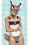 anthro brown_body bulge claws clothed clothing crossdressing eyewear fur glasses maid_apron maid_collar maid_uniform male orange_eyes solo text translucent translucent_clothing uniform wearing_glasses white_body white_fur drkot caracal caracal_(genus) felid feline mammal english_text hi_res