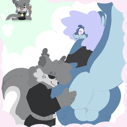 anthro belt big_butt black_clothing black_coat black_topwear blue_body blue_skin blush blush_lines bodily_fluids boxers_(clothing) butt butt_grab cigar clothed clothing cloud coat drooling drugs duo exposed_butt eyebrow_slit eyebrows fluffy fluffy_ears fluffy_hair fluffy_tail fur grabbing_from_behind grey_body grey_fur hair hand_on_butt head_tuft huge_butt imagination intersex intersex/male long_hair looking_at_another loose_shirt male marijuana neck_tuft off_shoulder paws presenting presenting_hindquarters purple_eyes purple_hair raised_tail relaxed_expression saliva scenario sitting squeezing standing star_shirt stoned substance_intoxication tail thick_eyebrows thick_tail thick_thighs topwear tuft underwear wide_hips sushipaw sushi_(sushipaw) aquatic canid canine canis fish mammal shark wolf 1:1 hi_res